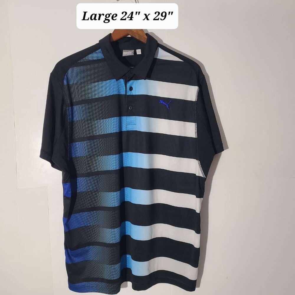 Puma USP Dry Men's Black/Blue/White Stripe Large Golf Polo Shirt